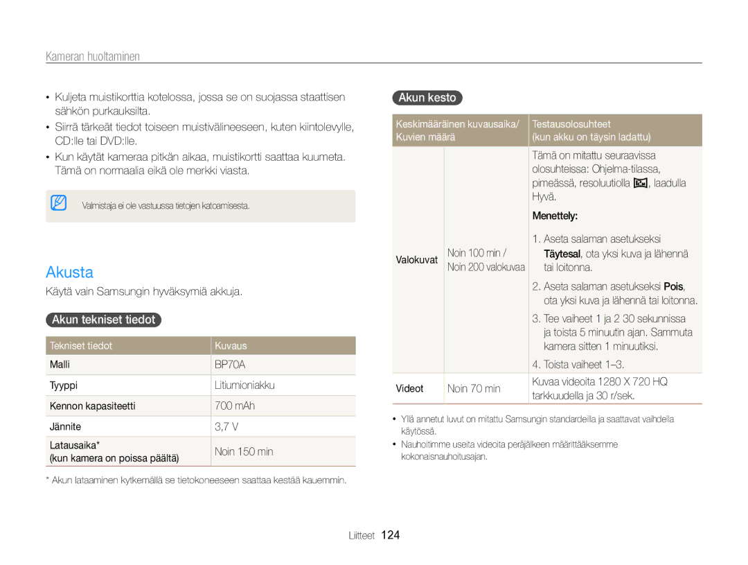 Samsung EC-MV800ZBPBE2 manual Akusta, Akun tekniset tiedot , Akun kesto , Tekniset tiedot Kuvaus 